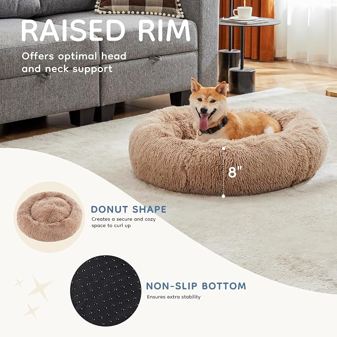 DUMOS Donut Dog Beds for Large Dogs, 37.4x37.4 in Machine Washable Cuddler Warming Cozy Fluffy Faux Fur Plush Round Pet Bed, Anti-Slip Bed for Indoor Dogs and Cats, Brown