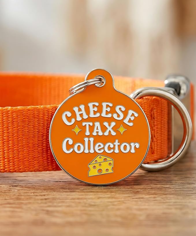 Bad Tags Personalized Dog and Cat ID Tags in 25+ Designs and 2 Sizes - 5 Lines of Custom Engraved Text - Funny Cute Personalized Pet Tags (Cheese Tax Collector, Large (1.25 inch))