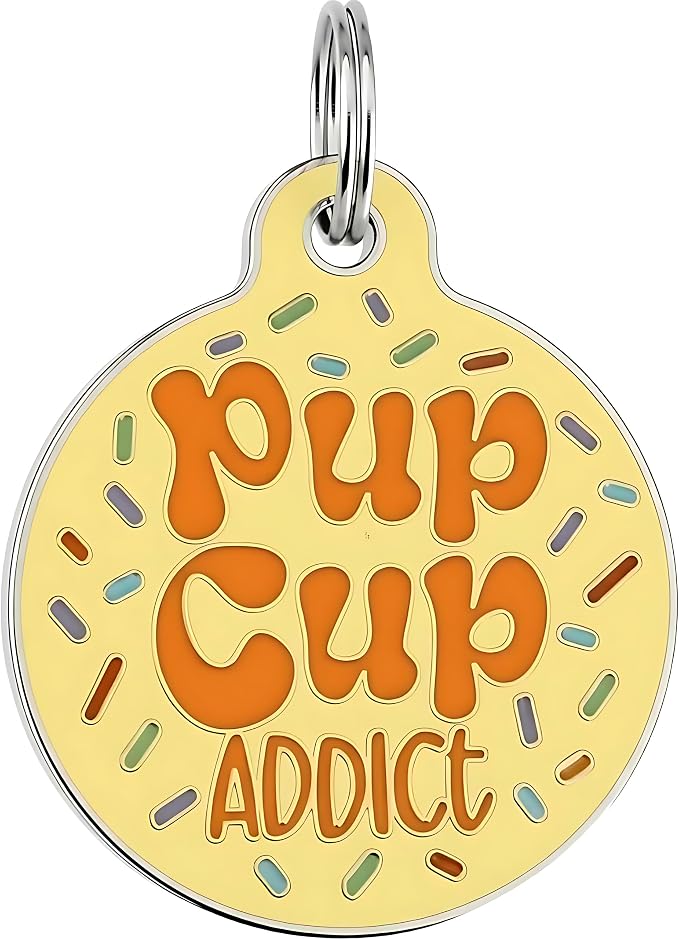 Bad Tags Personalized Dog and Cat ID Tags in 25+ Designs and 2 Sizes - 5 Lines of Custom Engraved Text - Funny Cute Personalized Pet Tags (Pup Cup Addict, Large (1.25 inch))