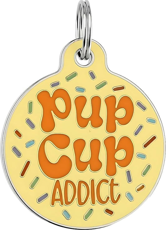 Bad Tags Personalized Dog and Cat ID Tags in 25+ Designs and 2 Sizes - 5 Lines of Custom Engraved Text - Funny Cute Personalized Pet Tags (Pup Cup Addict, Small (1 inch))