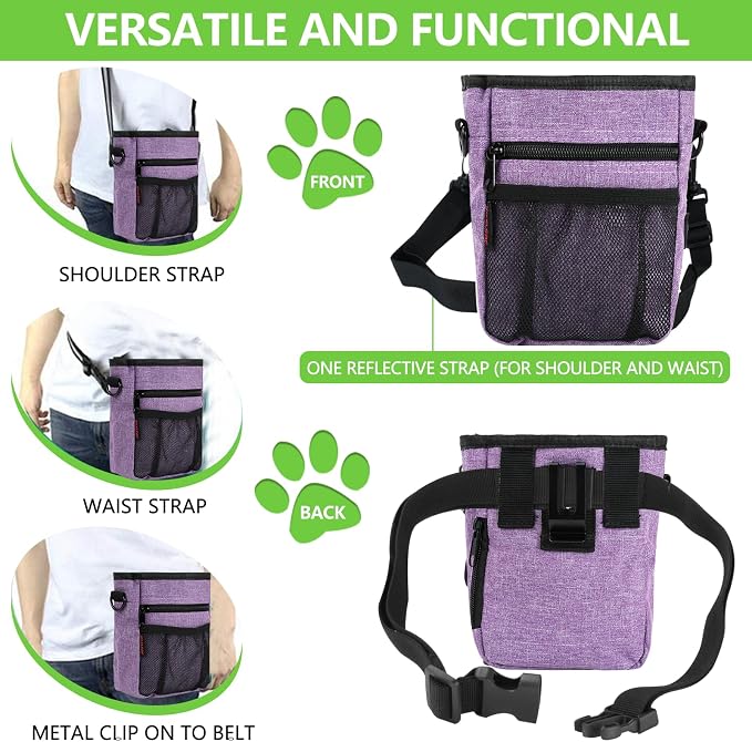 Dog Treat Pouch, Magnetic Closure, Dog Clicker- Purple | Dog Training Treat Pouch, Large Size, Nylon Material, Magnetic Closure & Clicker, for Walking, Obedience & Outdoor Use