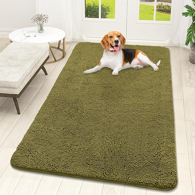 OLANLY Dog Door Mat for Muddy Paws 59x32, Super Absorbent Chenille Mud Mat | Willow Green, Absorbs Moisture and Dirt, Non-Slip Machine Washable Doormat, Quick-Dry Indoor Entryway Floor Carpet for Dogs
