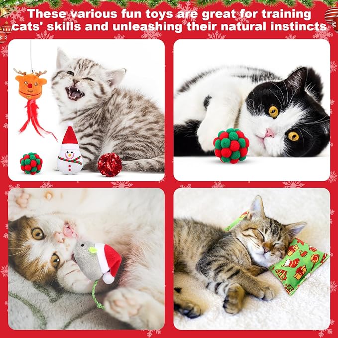 Soulchen 11pcs Christmas Cat Toys Stocking Gift Holiday Catnip Interactive Cats Toy Gift Set with Cat Teasers, Santa, Snowman, Plush Balls, Crinkle Mice, Variety Pack for Cats Pet Stocking Present