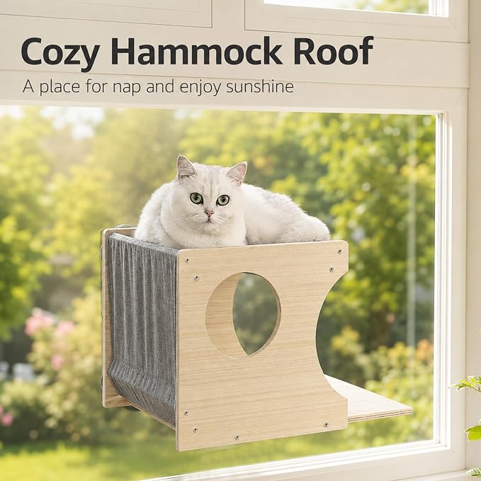 Cat Window Perch，2-Tier Hammock & Hideaway House with Strong Suction Cups | Right-opening, Drill-Free, Hold Up to 45 lb Support, For Small to Medium Cats, Let Cats Lounge, Climb and Watch Outside