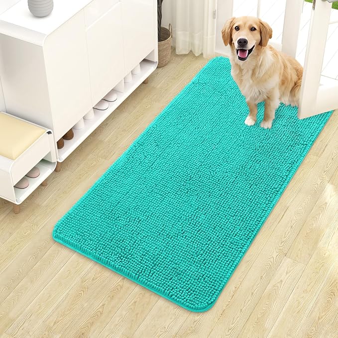 OLANLY Dog Door Mat for Muddy Paws 40x24, Super Absorbent Chenille Mud Mat | Teal, Absorbs Moisture and Dirt, Non-Slip Machine Washable Doormat, Quick-Drying Indoor Entryway Floor Carpet for Dogs