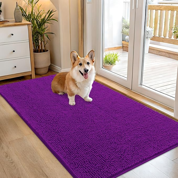 OLANLY Dog Door Mat for Muddy Paws 54x32, Super Absorbent Chenille Mud Mat | Purple, Absorbs Moisture and Dirt, Non-Slip Machine Washable Doormat, Quick-Drying Indoor Entryway Floor Carpet for Dogs