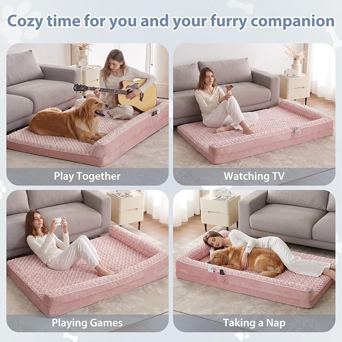 BFPETHOME Orthopedic Washable Dog Bed, Sleeping Couch for Large Senior Dogs | Deluxe Plush Rose Velvet Washable Cover, Egg Crate Foam Support, Waterproof Lining, Non-Slip Bottom, Senior Dogs