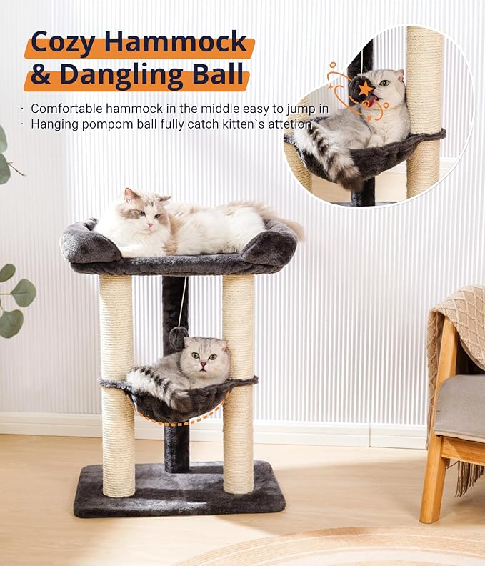 Happi N Pets 28" Cat Tree, Large Bed for Big Cats, Small Cat Tower with Soft Perch for Window Viewing, Stable Cat Tree Tower, Cat Scratching Post with Hammock, Removable Cover-Gray