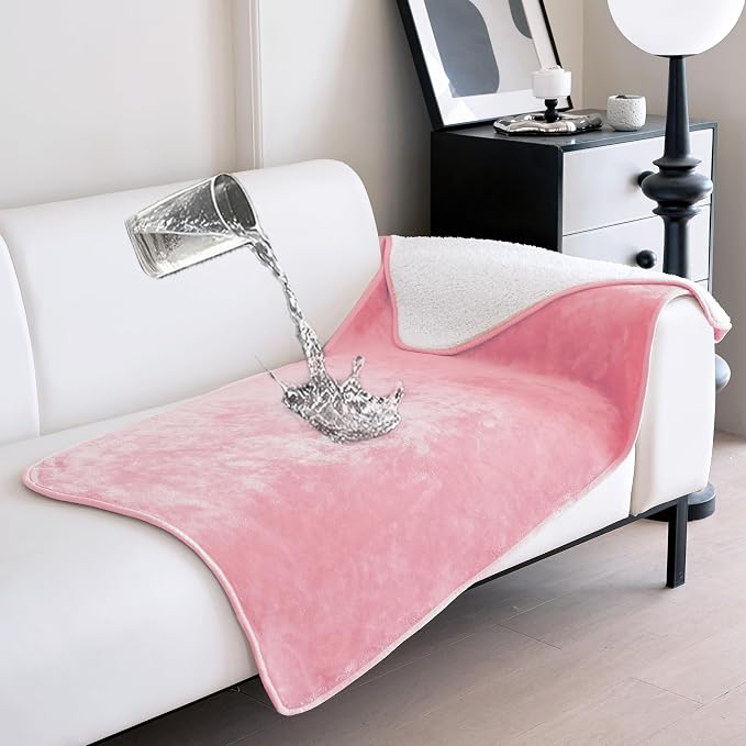 gogobunny Waterproof Bed Blanket, Reversible Sherpa Fleece Throw Blanket for Dog Puppy Cat, Furniture Cover Protects Bed Couch Sofa from Liquid Pee and Pet Fur (Pink, 30x70 inches)