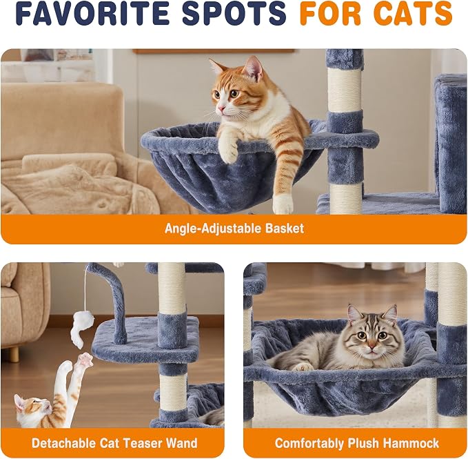 DUMOS Tall 71 inch Cat Tree Tower with Scratching Posts, Indoor Cats Use | Large Multi Level Cat Climbing Tower with Condo, Platform, Hammock, Basket, Pet Tree House for Kittens Play, Dark Grey