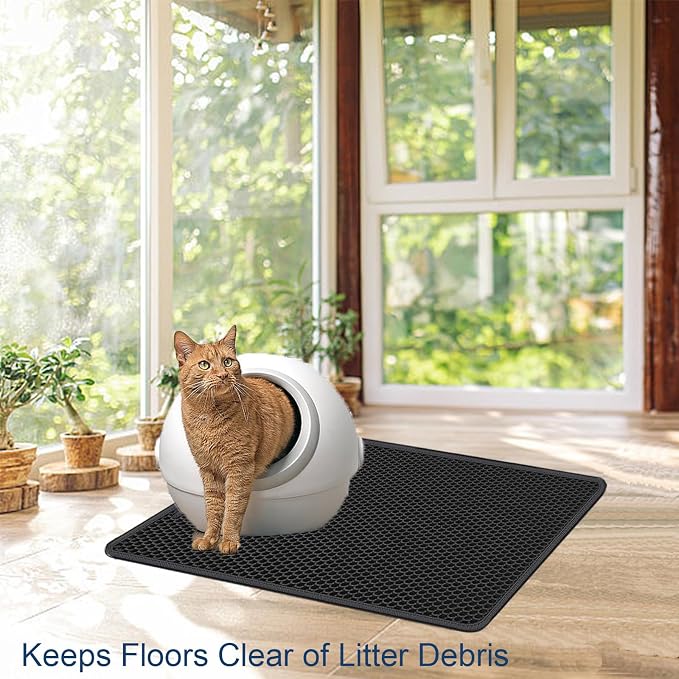 Ultra-Soft Cat Litter Mat 23.4"x14.7" Urine-Proof Non-Slip Black | Catches various litter, 3D large-pore, side-opening pour-out, easy clean, soft & durable, BPA-free, small litter mat