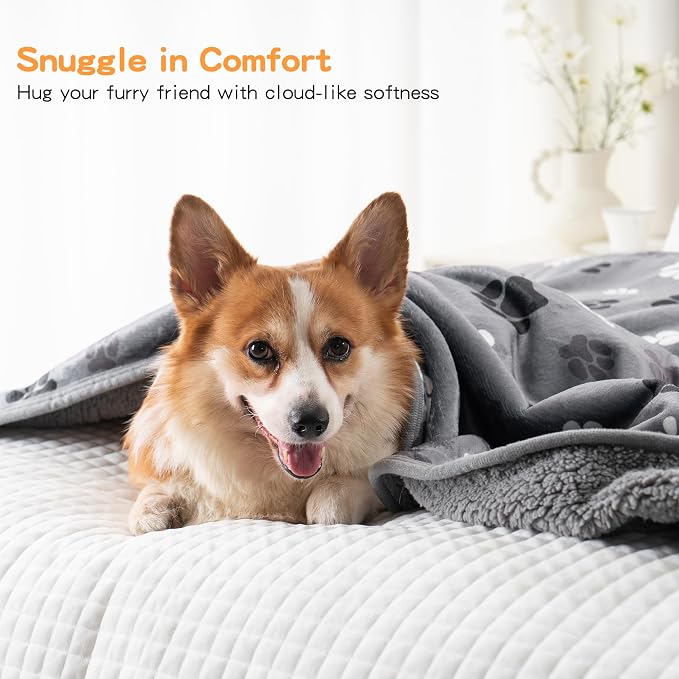 Waterproof Dog Blankets Pet Blanket 50"x60", Soft Fluffy Sofa Car Bed Protector, Reversible Sherpa Fleece Dog Blanket for Large Dogs(Dark Grey-Paws)