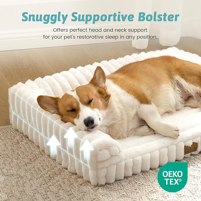 COZY KISS Ultra Soft Faux Rabbit Fur Dog Bed for Medium Dogs – 36"x27" Orthopedic Foam Couch, Removable Washable Cover & Waterproof Lining, Cream