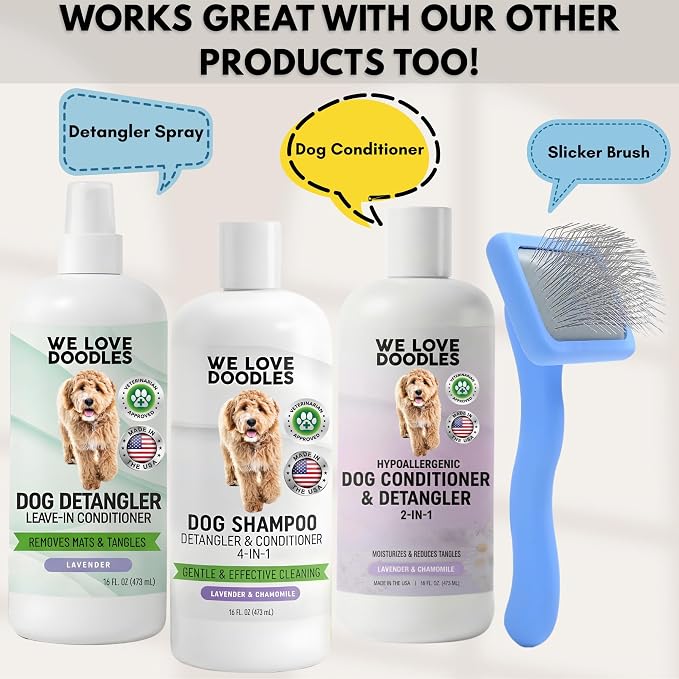 Dog Shampoo, Conditioner & Detangler, Hypoallergenic Tearless Lavender 16OZ | For Sensitive Itchy Skin, Best Shampoo For Smelly Dogs, Goldendoodle, Poodle & Doodle, Puppy Pet Wash Soap, USA Made, 4-in-1