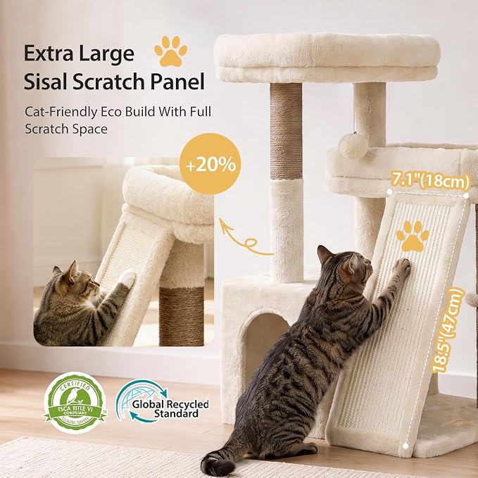 Heybly Compact Cat Tree with Big Scratcher, Stable Cat Tower HCT206SMJ | 27.2" Cat Furniture with 2 Top Perches, Floor Cat Condo, Cozy Hammock, Space-Saving Cat Activity Center, Beige