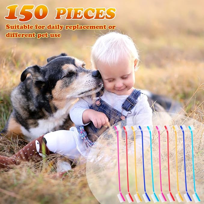Nuenen 150 Count Dog Toothbrush Dual Headed Dental Brushes Puppy Tooth Brushing Kit Long Handle Toothbrush for Large and Small Dogs Cats Most Pets Teeth Cleaning Oral Care Supplies (Vibrant Color)