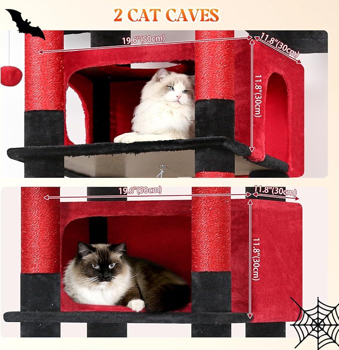 Globlazer Gothic Giant Tall Heavy Duty Cat Tower for Indoor Large Cat, F83B | XXL Multi-Level Large Cat Condo with 8 Scratching Posts, Hammock, 2 Cat Caves, 2 Platform, Black Red