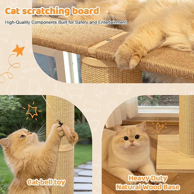 Cat Window Perch Hammock with 3-Piece Detachable Roman Column Sisal Scratching Posts, Gray Fluffy Cusion, Drill-Free Suction Cup Mount, Extra Large for Large Cats & Maine Coons, 60 LBS Capacity