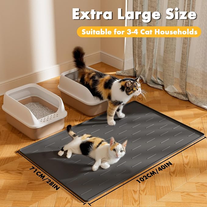 Pieviev Extra Large Silicone Litter Box Mat, Easy to Clean, 40'' x 28'' | Extra-Large Coverage Area Litter Mat, Soft on Kitty Paws, Grooves Reduce Waste, Raised Edges Trap Urine and Spills.