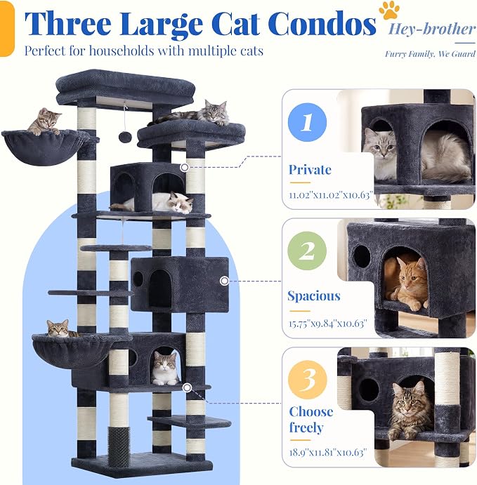 Hey-brother Cat Tree, Multi-Level Tower with 3 Condos, Hairbrush, MPJ035-MG | 74 Inches XL Large Scratching Posts for Indoor Cats and Kittens, 2 Wide Platforms, 2 Plush Baskets, Toy Balls, Smoky Gray