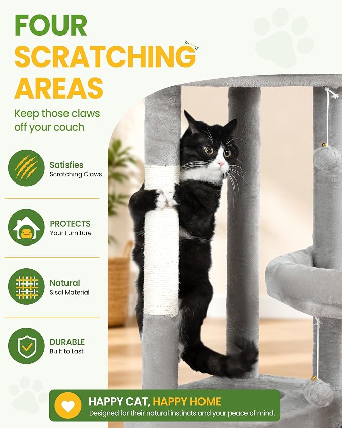 67in Cat Tree Tower for Indoor Cats, Multi-Level Light Grey | Climbing Tower with 3 Large Platform, 4 Scratching Posts, Hammock, Large Condo for Multiple Cats, Modern Cat Tree Furniture