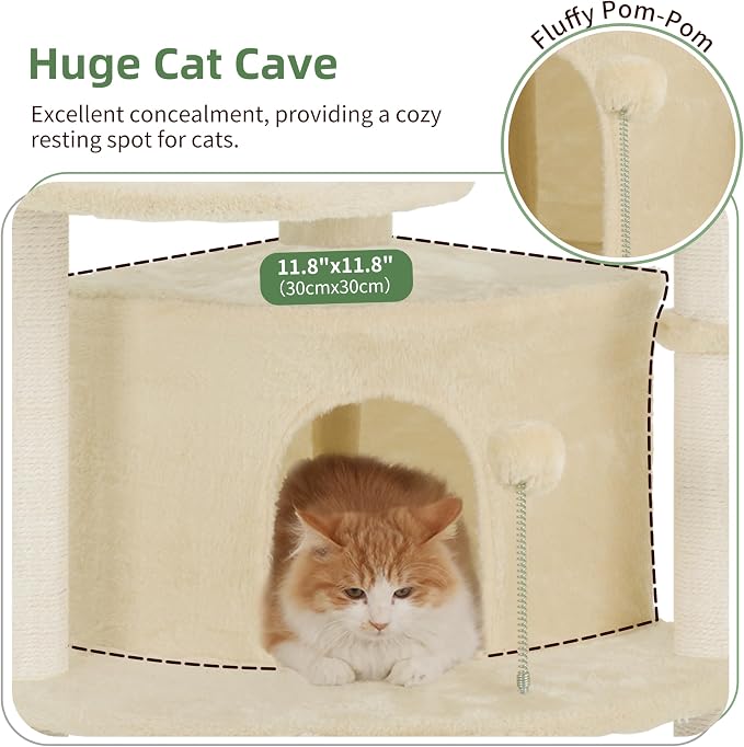 Corner Cat Tree Tower with All Sisal Scratching Posts GCT025MU | 44.1" Cat Furniture with Multi-level Cat Condo, Cat Cave, Hanging Basket, Sisal Scratching Ramp for Indoor Cats, Beige