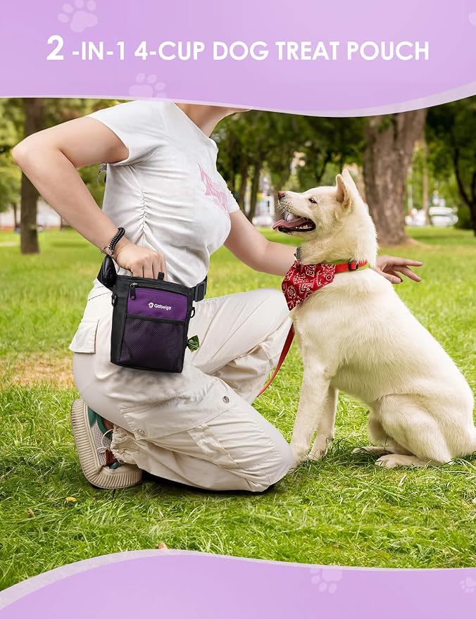 4 Cup Dog Treat Pouch with Silicone Insert Bag& Clicker(Purple) | 2 Pair Magnetic Closures, Belt Clip/Waist Belt/Crossbody Wear, Zipper Pocket Poop Bag Holder for Pet Training/Daily Walking