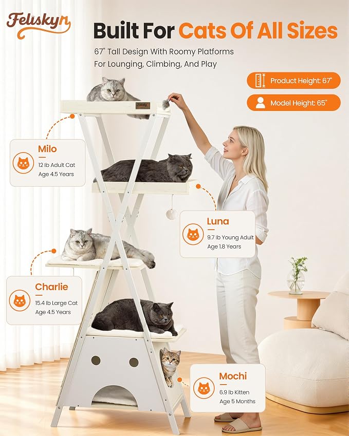 Modern Wood Cat Tree Tower for Indoor Cats Large Adult 67-in Tall | Heavy Duty XL Stable Wooden Cat Condo House Furniture with Multi-Level Spacious Perch Scratching Board Soft Washable Pads