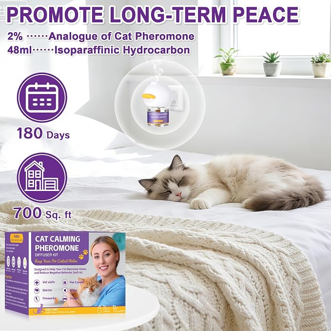 9-In-1 Advanced Cat Pheromone Calming Diffuser 180 Days (3 Plugs+6 Refills) | Relieve Anxiety, Help Reduce Fighting, Spraying & Scratching, Drug-Free & Odorless Safe Relaxation Solution