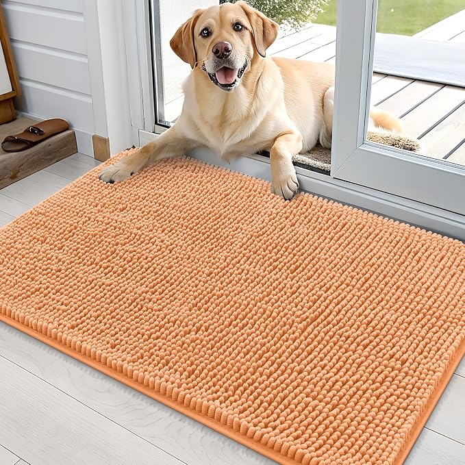 OLANLY Dog Door Mat for Muddy Paws 36x24, Super Absorbent Chenille Mud Mat | Orange, Absorbs Moisture and Dirt, Non-Slip Machine Washable Doormat, Quick-Drying Indoor Entryway Floor Carpet for Dogs