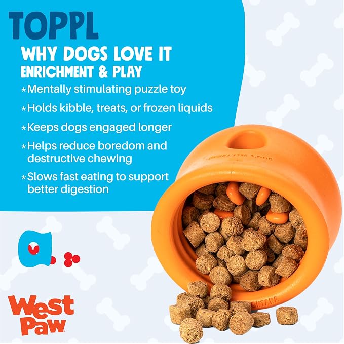WEST PAW Zogoflex Toppl Interactive Treat Dispensing Puzzle Dog Toy for Mental Stimulation & Enrichment-Holds Kibble & Treats-Lickable, Freezable & Dishwasher Safe-Made in USA-Large-Tangerine