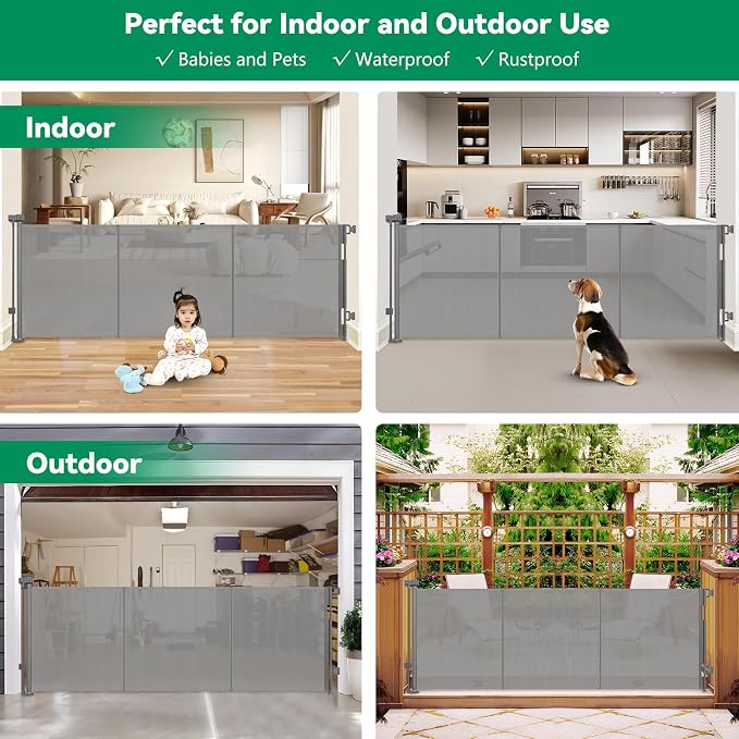 Reinforced 85" Wide Retractable Baby Gates Outdoor Retractable Dog Gate Indoor Mesh Baby Gate Retractable Pet Gate, Extra Wide Dog Gate with Support Rods – Prevent Crawling Under, Gray