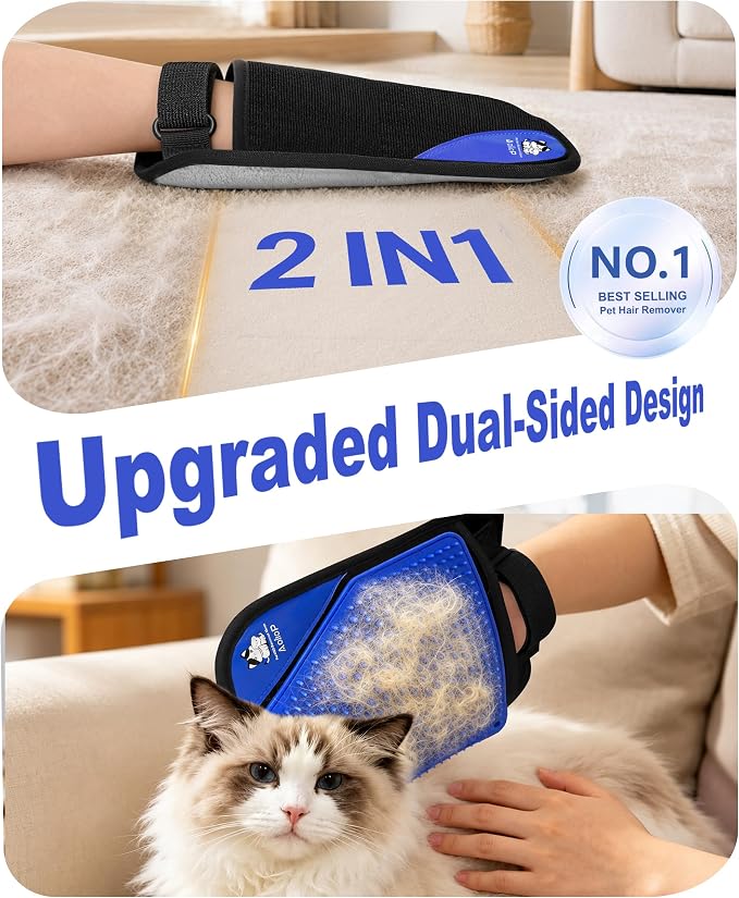 Pet Hair Remover for Furniture, 2-in-1 Pet Hair Removal Glove for Cats Dogs | 5-Finger Design Reusable & Detachable Electrostatic Magic Brush Pet Hair Remover Tools for Carpet, Couch, Car Seat