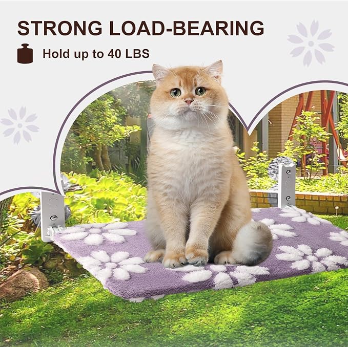 Cute Cat Window Perch, Foldable Cat Window Hammock, Purple | Cordless Window Seat Bed for Indoor Cats, 3D Textured Flower Cover, Strong Suction Cups