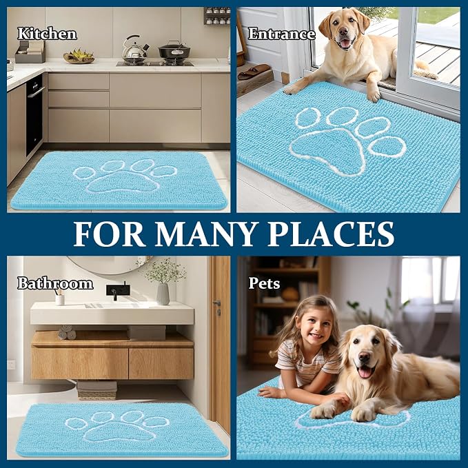 OLANLY Dog Door Mat for Muddy Paws 40x32, Paw Print Design Chenille Mud Mat | Blue, Super Absorbent, Traps Moisture and Dirt, Non-Slip Washable Doormat, Quick-Drying Indoor Entryway Floor Carpet for Dogs