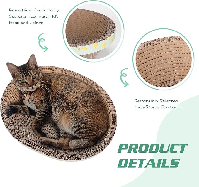 Oval Large Cat Scratcher Cardboard Bed Lounger Couch, Cat Scratching Board Lounge Box Durable, Corrugated Cat Scratch Pad for Indoor Cats Furniture Protector 19.5" × 15.6" × 4.7"