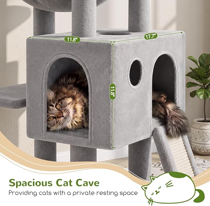 Globlazer Heavy Duty Cat Tree, 70 inch Sturdy Cat Tree for Indoor Cats Extra Large Cat Tower with Scratching Post, Hammock, Cat Condo for Adult Cats Kittens, F70 Pro, Light Grey