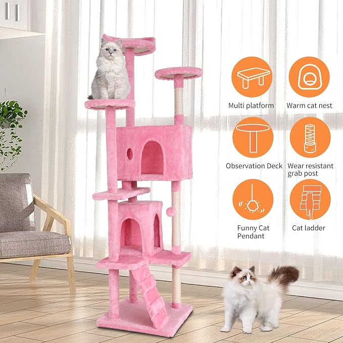 70 Inch Pink Cat Tree, Tall Cat Tower with 2 Condos, 3 Scratching Posts, Multi-Level Platforms - Sturdy Climbing Structure Tall Cat Tower for Indoor Cats