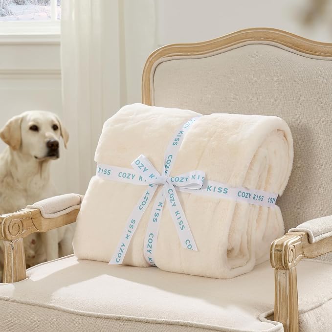 COZY KISS Waterproof Pet Blanket, Ultra Soft Luxury Faux Fur Throw Blanket for Couch, Cozy Warm Plush Blanket for Sofa Bedroom Living Room, Liquid Pee Proof for Large Dog or Cat, 30x40 inch, Cream