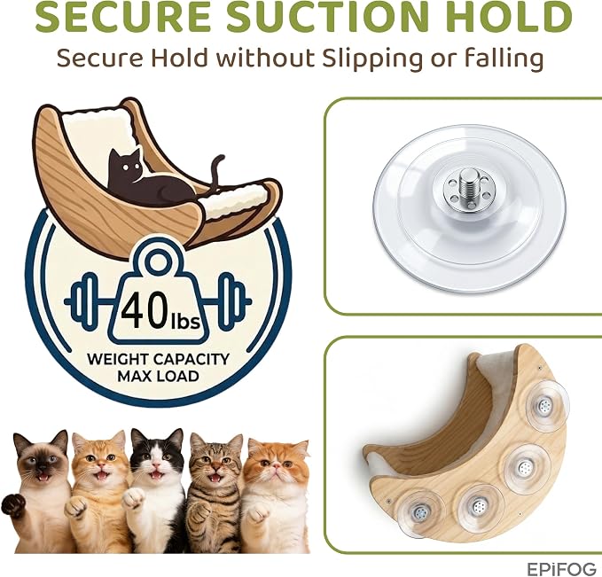 Cat Window Perch White Cushion 14.17" L x 12.01" W x 11.42" H | Sturdy Moon Shaped Sunbathing Bed, Solid Wood, Detachable Soft Cushion, 4 Suction Cups, for Indoor Cats
