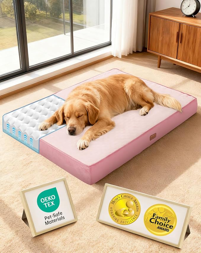 OhGeni Orthopedic Waterproof Dog Bed for Large Dogs, Machine-Washable Removable Cover in Easy-Clean Fabric, Reversible Memory Foam & Easy-Carry Handle, Wider and Larger, 44 inch (Pink)