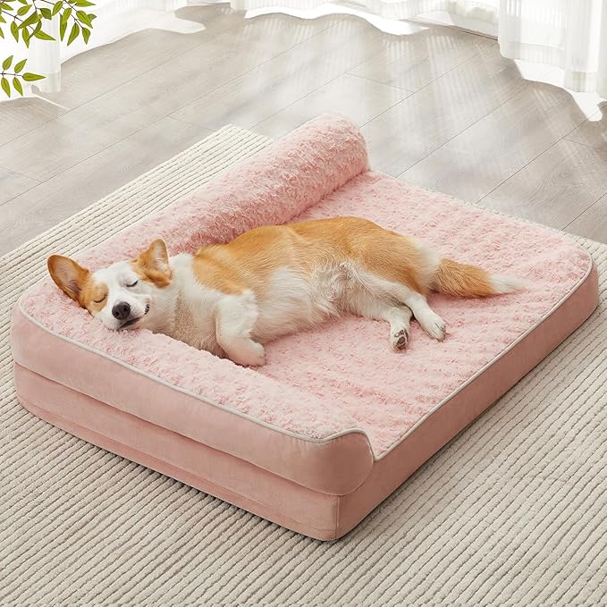 BFPETHOME Orthopedic Washable Dog Bed, Sleeping Couch for Large Senior Dogs | Deluxe Plush Rose Velvet Washable Cover, Egg Crate Foam Support, Waterproof Lining, Non-Slip Bottom, Senior Dogs