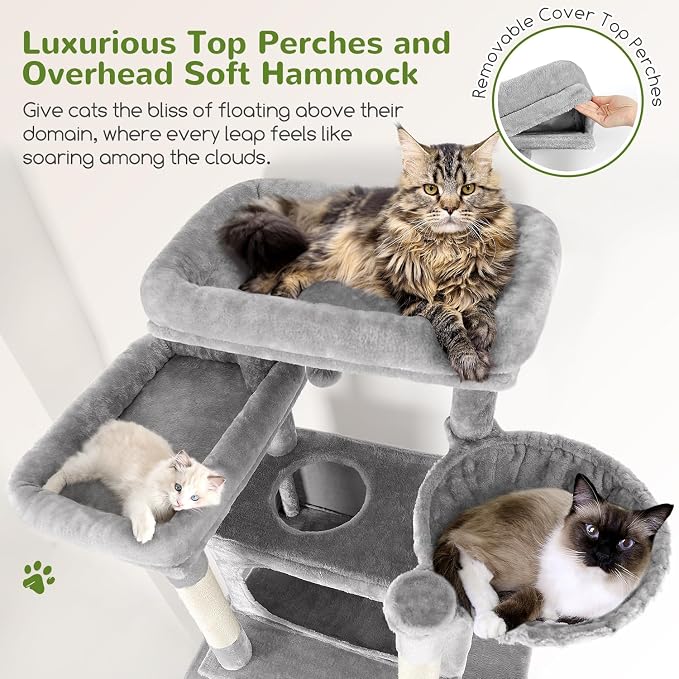 Globlazer Giant Tall Heavy Duty Cat Tower for Indoor Large Cats, F83B | XXL Multi-Level Large Cat Condo with 8 Scratching Posts, Hammock, 2 Cat Caves, 2 Platform, Light Grey