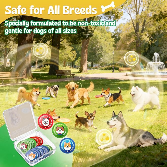 Dogs Calming Patches for Travel, Fireworks & Separation Anxiety, Pheromone & Natural Essential Oil Calming Diffuser for Dogs, Training Aid Pet Stickers, Long Lasting & Non Toxic, 10 Count
