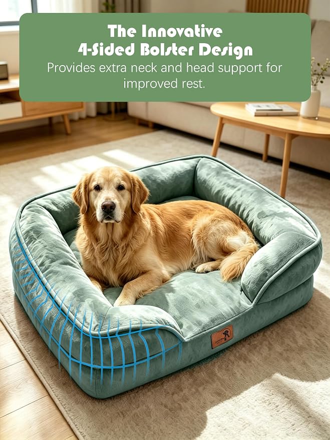 Spotted Play Orthopedic Dog Bed with Sides - Sofa Beds for Extra Large Dogs, Supportive Foam Pet Couch Bed with Washable Removable Cover, Waterproof Lining and Non-Slip Bottom, Green - XL