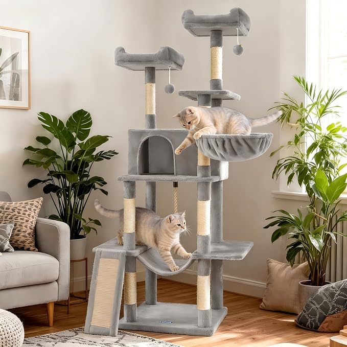 Multi-Level Cat Tree for Large Cats,63 Inches Heavy Duty Cat Tree for Indoor Cat Big Cat Tower with Sisal Scratching Posts Padded Platform, Hammock and Condo