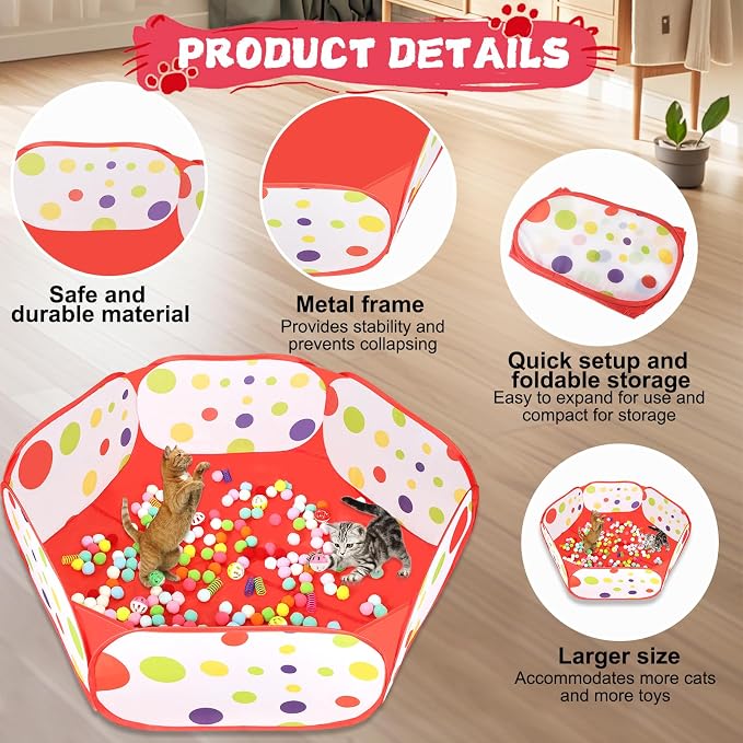 Cat Ball Pit Include 200 Pom Pom Balls 10 Jingle Balls and 12 PCS Cat Spring Toy for Indoor Bored Self Play Enrichment Toy for Indoor Cats Interactive Fun and Exercise