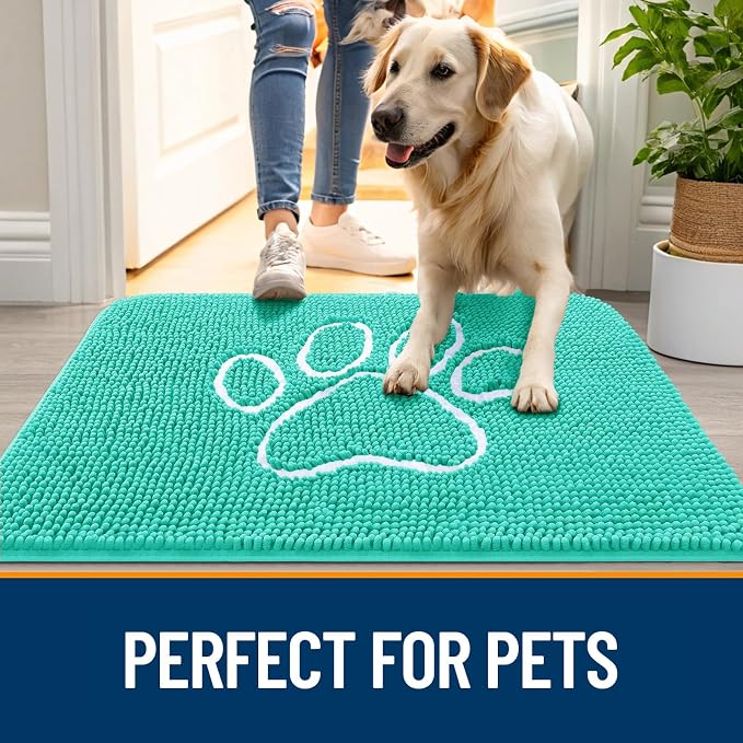 OLANLY Dog Door Mat for Muddy Paws 30x20, Paw Print Design Chenille Mud Mat | Teal, Super Absorbent, Traps Moisture and Dirt, Non-Slip Washable Doormat, Quick-Drying Indoor Entryway Floor Carpet for Dogs
