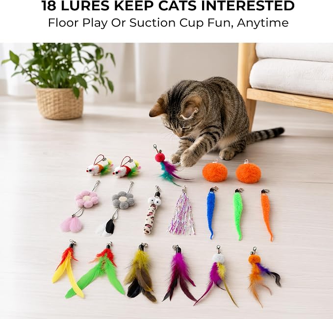 Feather Wand Teaser Cat Toys 18-Piece Simulation Toys for Indoor Cats, Cat Stuff Self-Holding Floor Base & Suction Cup, Bird Simulation Self Play Kitten Toys for Bored Adult Cats