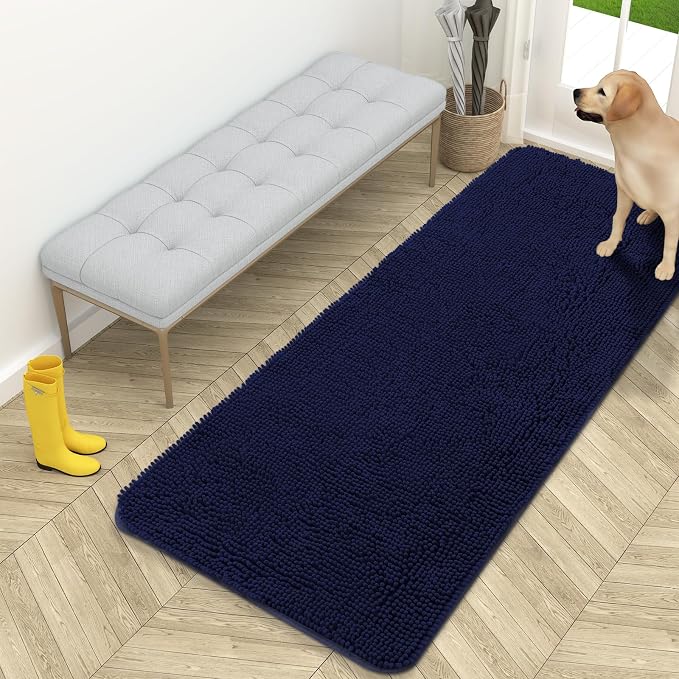 OLANLY Dog Door Mat for Muddy Paws 59x24, Super Absorbent Chenille Mud Mat | Navy Blue, Absorbs Moisture and Dirt, Non-Slip Machine Washable Doormat, Quick-Drying Indoor Entryway Floor Carpet for Dogs